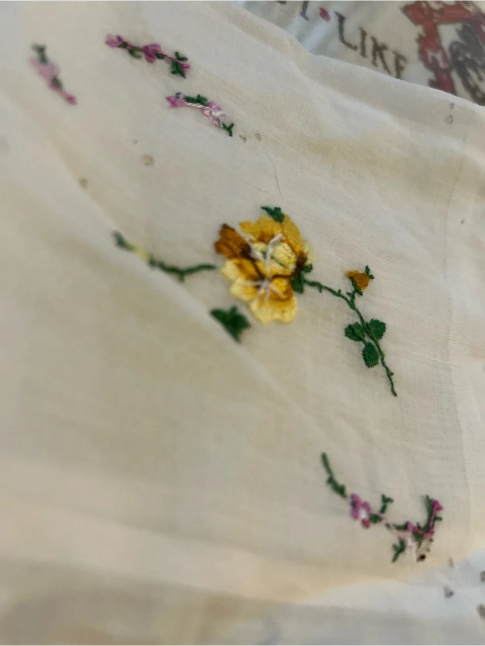 Vintage Embroidered White Cotton Handkerchief with Yellow Rose call outs